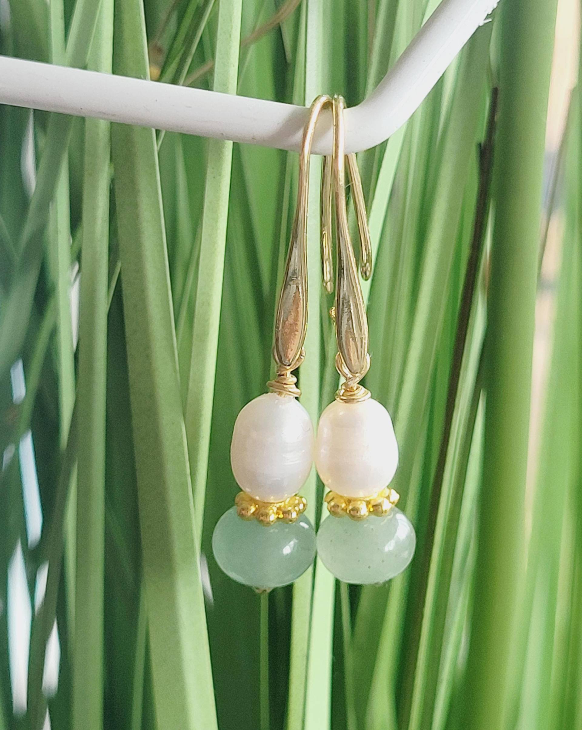 Süßwasserperle & Aventurin Edelstein Ohrringe, Handgemachte Ohrringe 18K Vergoldet von SchmuckPerla