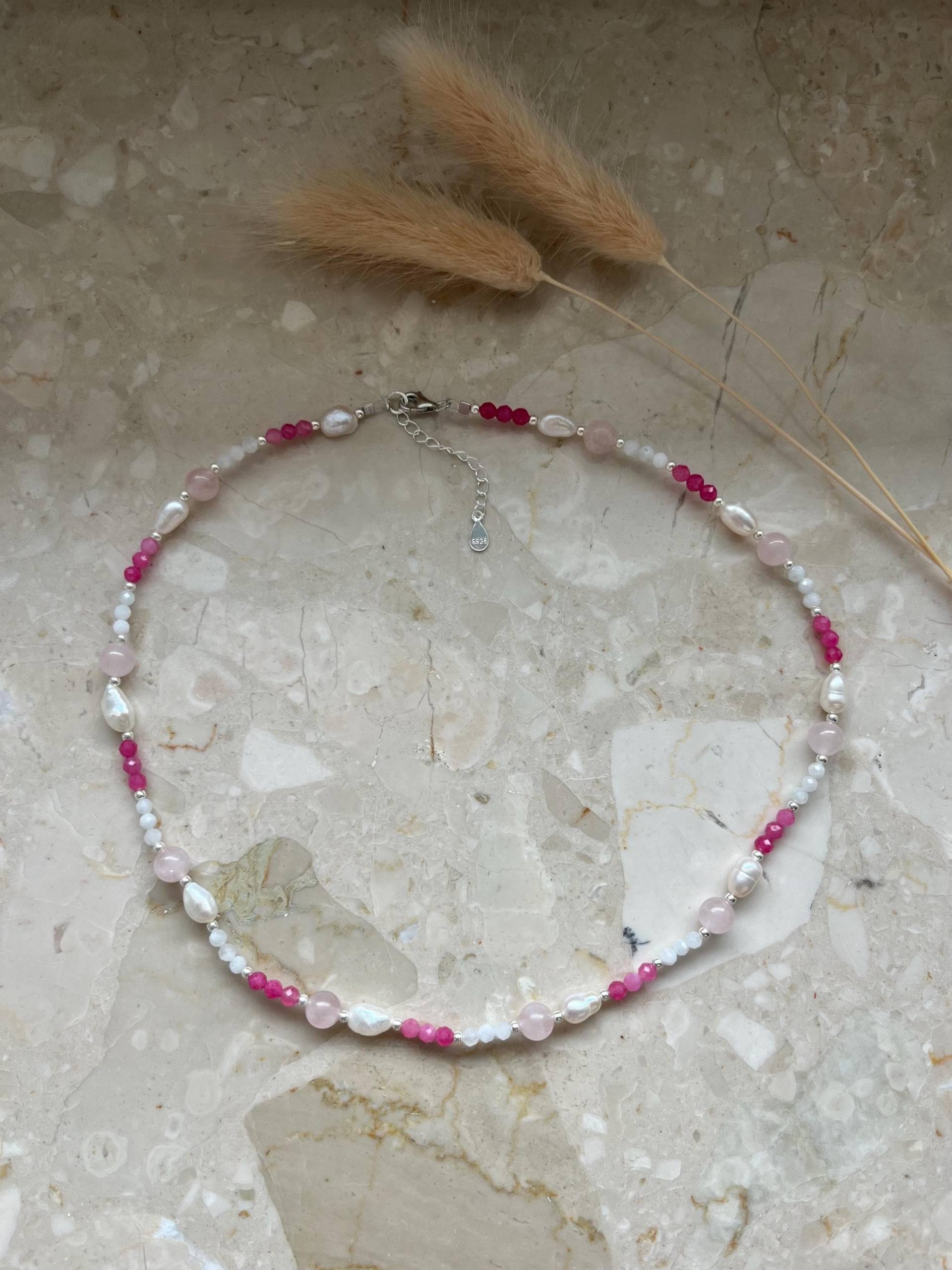 Kette Mondstein Rosenquarz Und Turmalin | 18 Karat Vergoldet Naturstein Rosa Halskette Edelstein Perle Geschenk Handgefertigt von SchmuckSchmiede0o