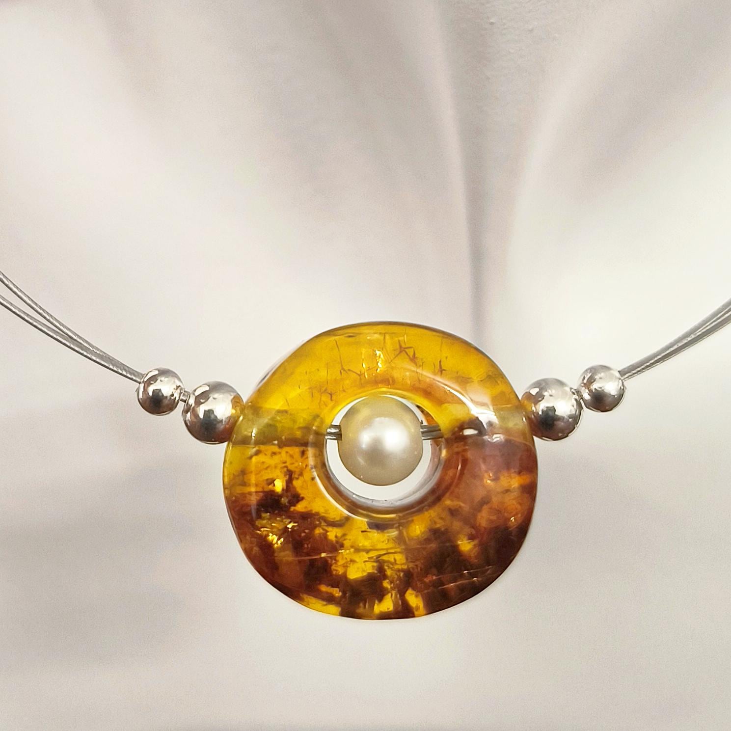 Collier Kette Mit Bernstein Und Zuchtperle Silber Collier Kette Mit Bernstein Und Zuchtperle Silber von SchmuckSchmiedeKW