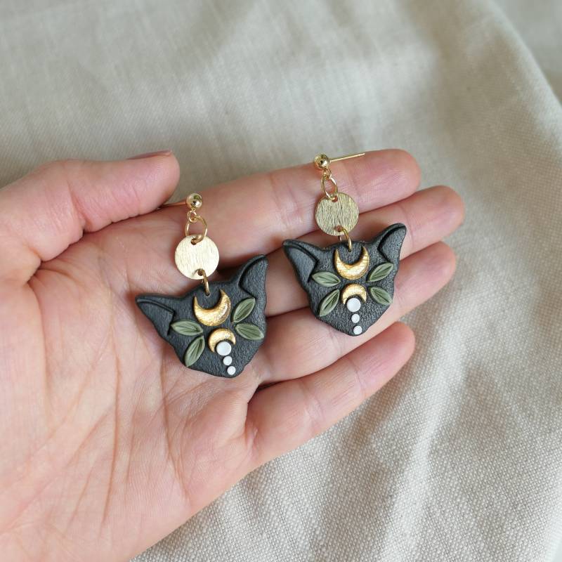 Schwarze Katzen Ohrringe, Mondphasen Ohrringe Mit Auge in Neutralen Farben, Hängende Einzigartige von Schmuckbynatalier