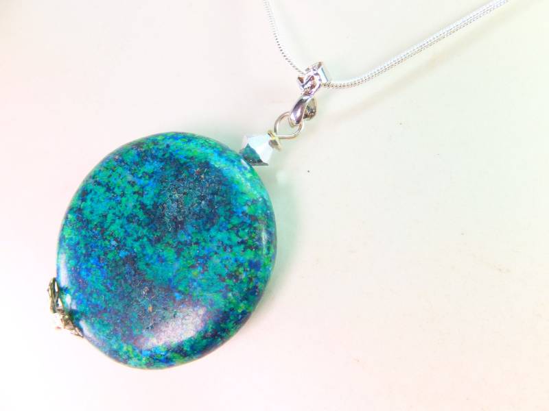 Chrysokollanhänger An Einer 46cm Langen Silberkette, Jetzt Billiger, Handarbeit, Energiestein, Sehr Beliebt von Schmuckenergien