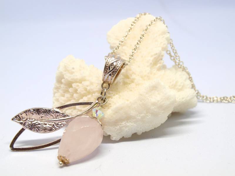 Facettierter Rosenquarztropfen An Halblanger 925Silber Kette von Schmuckenergien