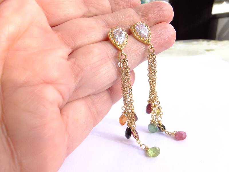 Turmalin , Großer Zirkonia Ohrstecker, Regenbogenturmalin, Kettenohrringe, Handmade, Unikat, Tropfen Sind Facettiert, Aaa Qualität von Schmuckenergien