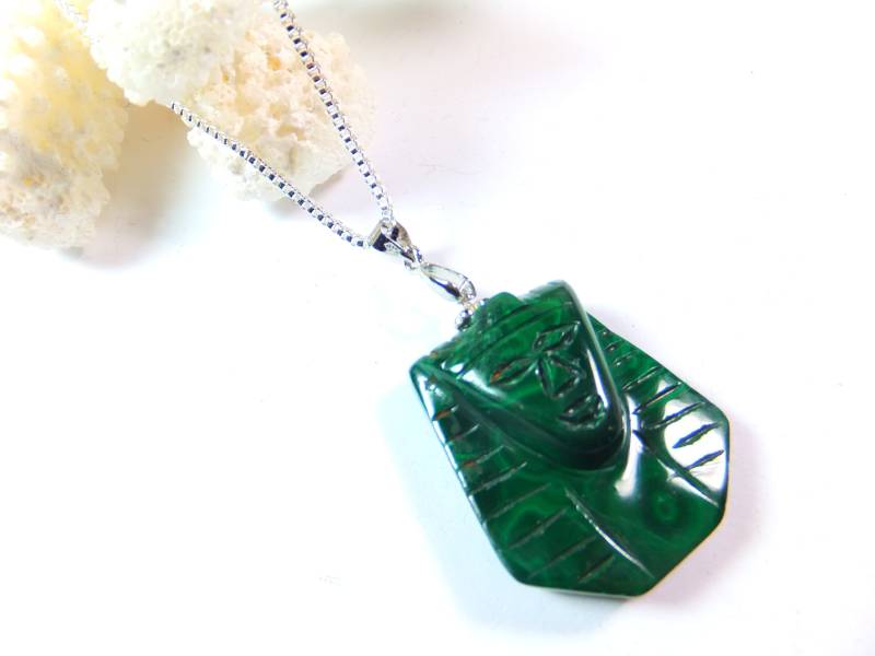 Tutanchmun Malachit Maske, Lange Silberkette, Edelsteinkette, Halskette, Collier, Handarbeit von Schmuckenergien