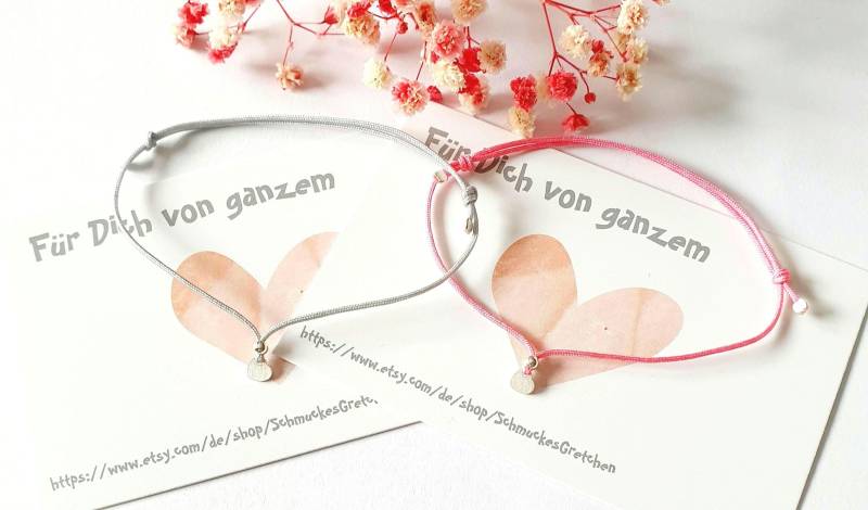 Armband 2 - Er Set "Miniherzchen"/Herz Matt Gebürstet Aus 925 Sterling Silber Kleines Geschenk Freundin/ Mutter Tochter von SchmuckesGretchen