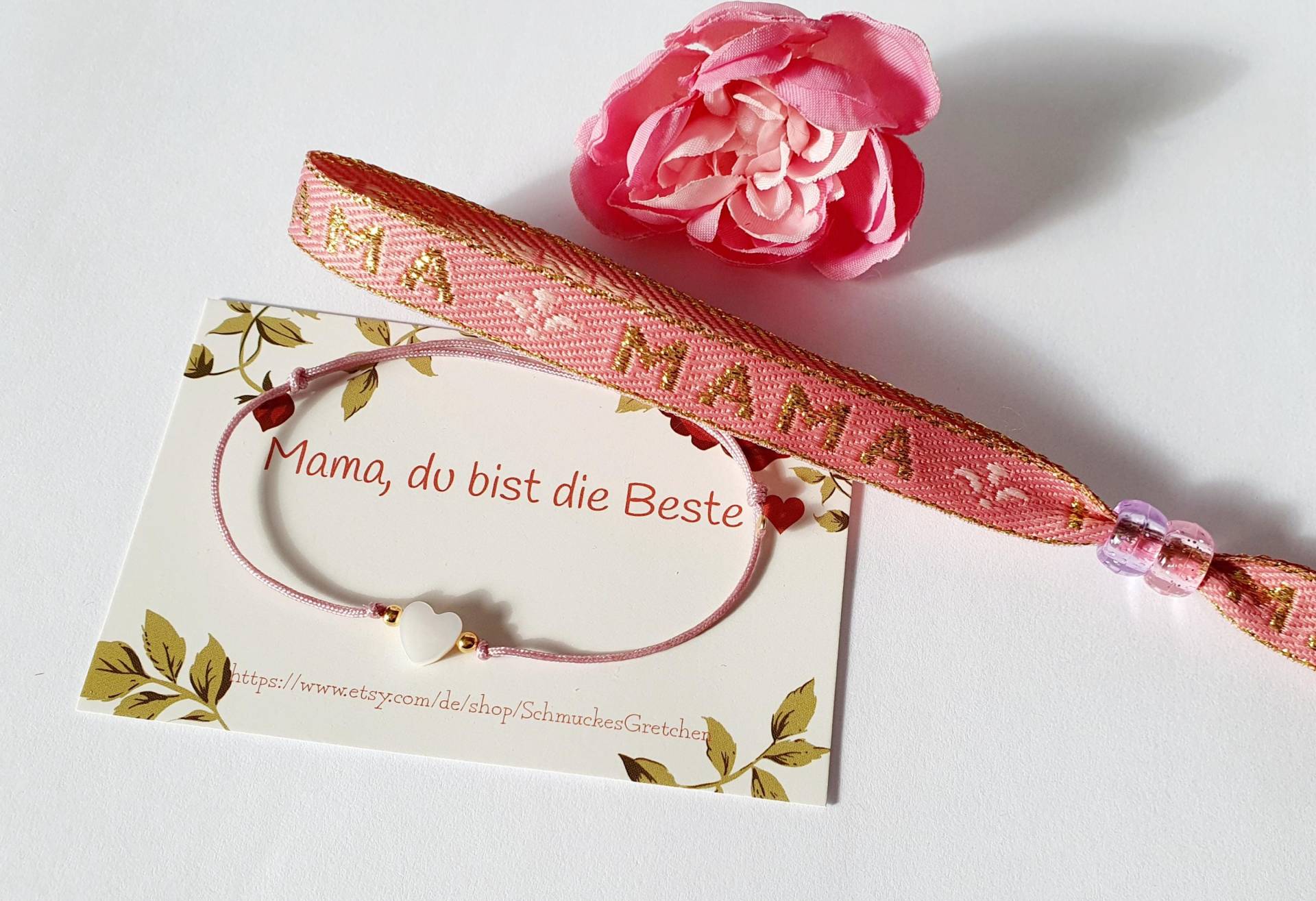 Armband Set " Mama Herz/Aus Süßwasserperlmutt Stoffarmband Mit Aufschrift "Mama"/ Geschenk Muttertag 925 Sterling Silber von SchmuckesGretchen