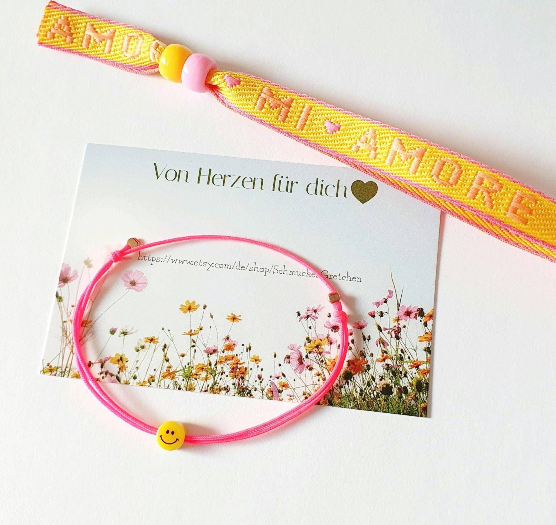 Armband Set "Mi Amore" Smiley Zur Wahl Mit Quetschperlen 925 Sterling Silber/ Vergoldet/Rosevergoldet Und Stoffarmband von SchmuckesGretchen