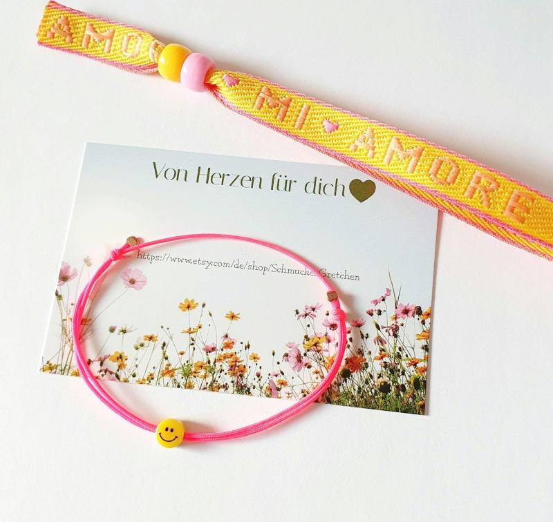 Armband Set "Mi Amore" Smiley Zur Wahl Mit Quetschperlen 925 Sterling Silber/ Vergoldet/Rosevergoldet Und Stoffarmband von SchmuckesGretchen