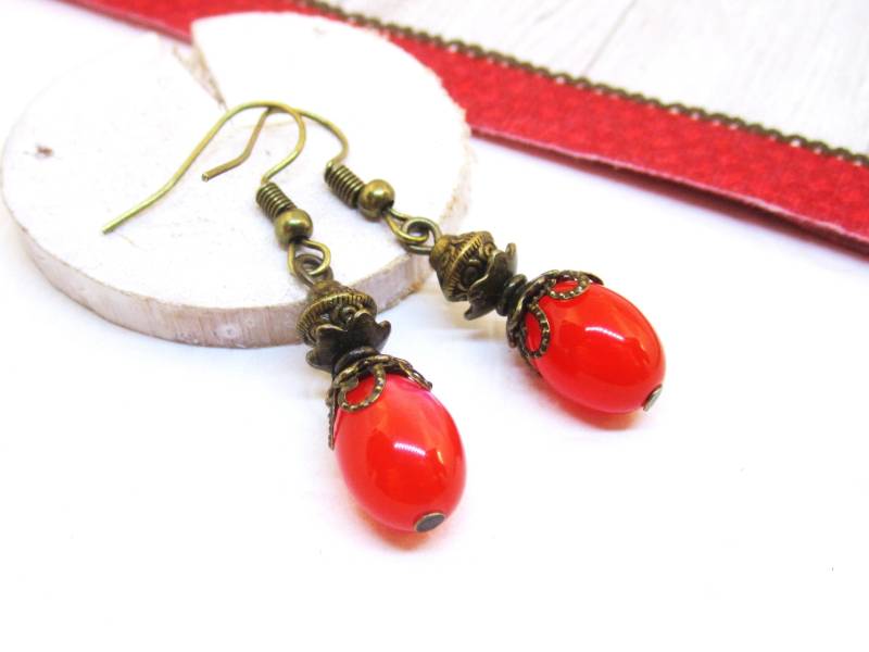 Ohrringe Cat Eye Rot Hellrot Bronze Vintage Romantisch Nostalgisch Verspielt Romantik Antik Perlen Antikstil von SchmuckesZierwerk