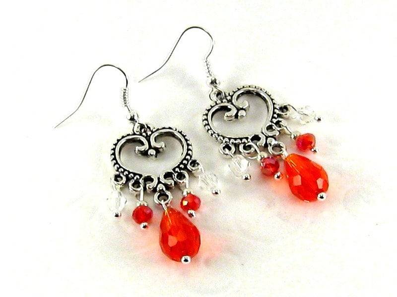 Ohrringe Chandeliers Rot Silber Herz Dirndl Tracht Landhaus Romantisch Herzohrringe Trachtenohrringe von SchmuckesZierwerk
