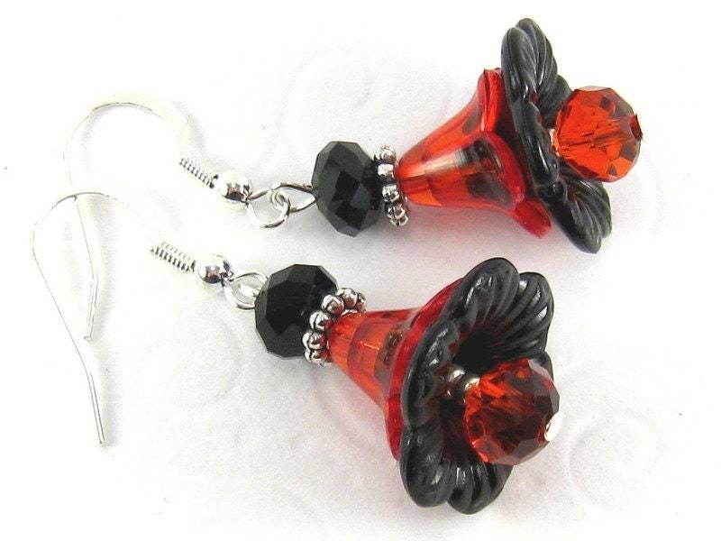 Ohrringe Flamenco Schwarz Rot Silber Blüten Spanisch Sevilla Gothic Blütenohrringe Blütenschmuck Diabolo von SchmuckesZierwerk