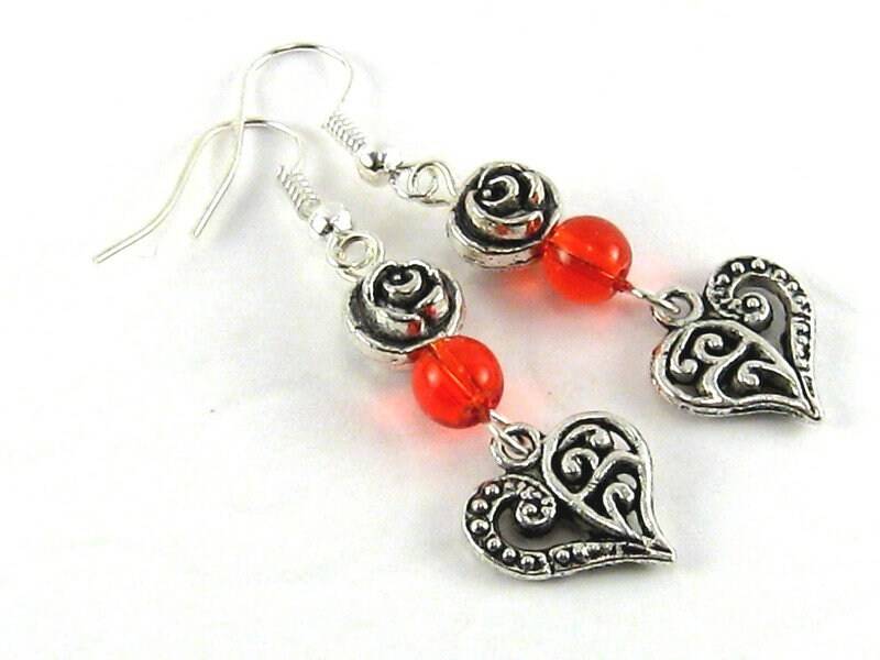 Ohrringe Herz Silber Rot Rose Romantisch Liebe Romantik Süße Herzohrringe Rosenohrringe Dirndl Tracht Landhaus von SchmuckesZierwerk