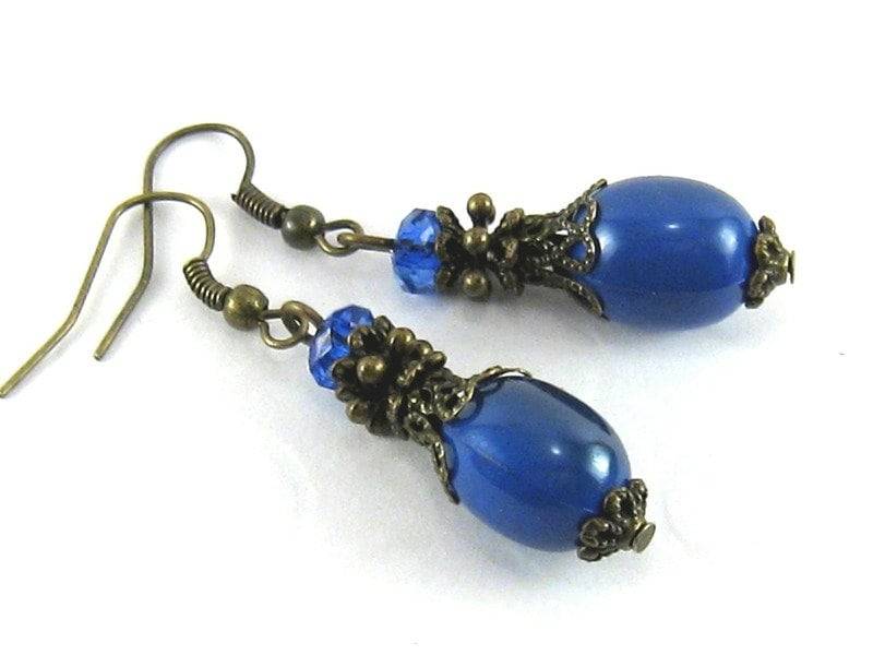 Ohrringe Knospe Blau Bronze Mittelblau Romantisch Vintage Nostalgisch Kobalt Kobaltblau Azur von SchmuckesZierwerk