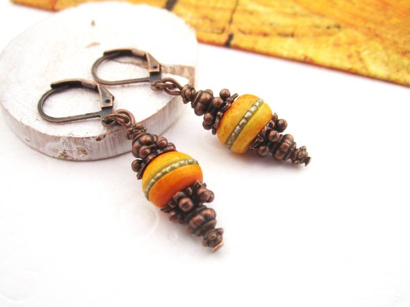 Ohrringe Nepal Kupfer Orange Gelb Amber Spirituell Ethno Hippie Boho Indien Tibet Mala Indisch Buddhistisch Ethnisch von SchmuckesZierwerk