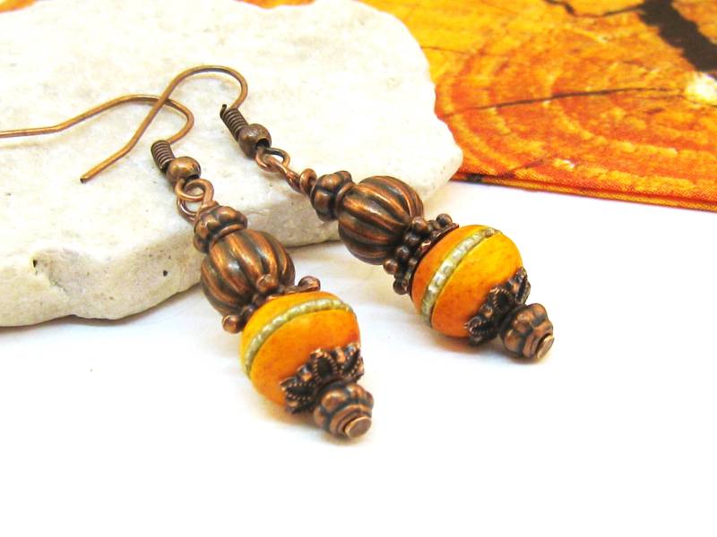 Ohrringe Nepal Kupfer Orange Gelb Amber Spirituell Ethno Hippie Boho Indien Tibet Mala Indisch Buddhistisch von SchmuckesZierwerk