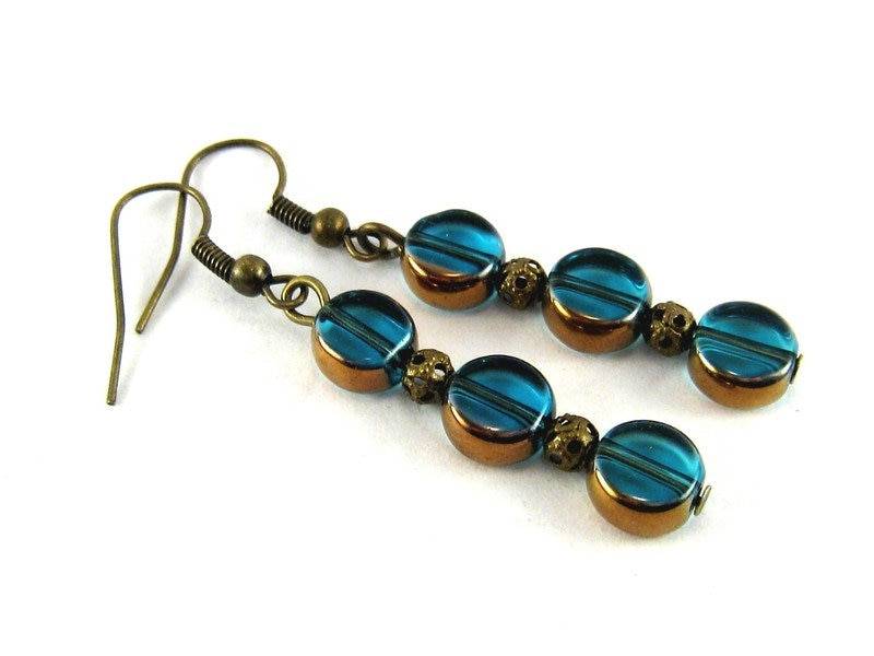 Ohrringe Nostalgie Blau Türkis Aqua Bronze Vintage Romantisch Nostalgisch Geometrisch Verspielt Mittelblau von SchmuckesZierwerk