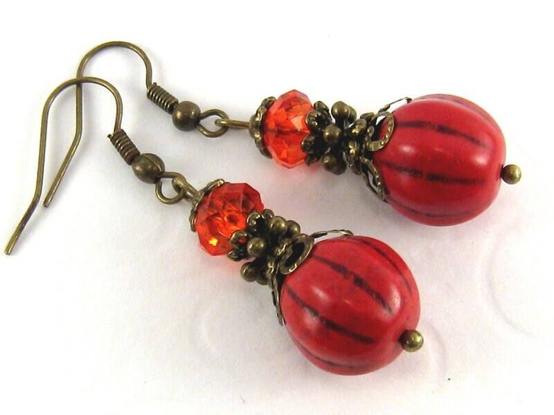 Ohrringe Orient Bronze Rot Kürbis Howlith Knallrot Vintage Orientalisch Indisch Boho Hippie Romantisch von SchmuckesZierwerk