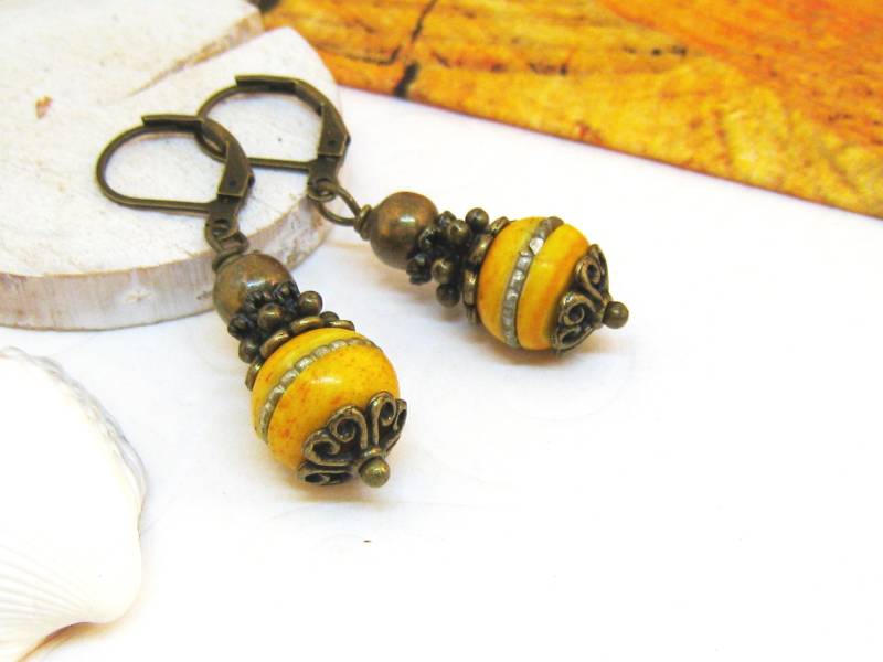 Ohrringe Tibet Bronze Orange Gelb Amberfarben Spirituell Ethno Hippie Boho Indien Nepal Mala Indisch Buddhistisch von SchmuckesZierwerk