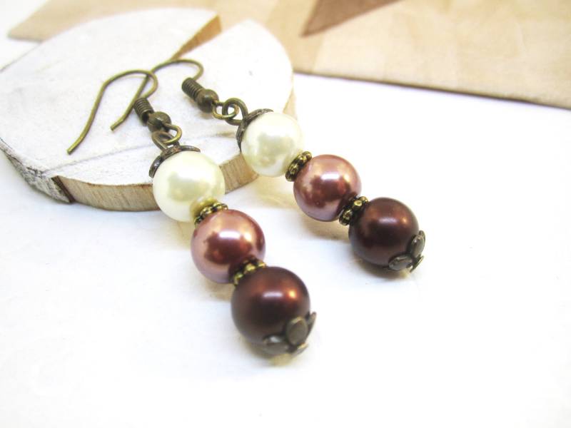 Ohrringe Trio Bronze Creme Braun Dunkelbraun Vintage Perlen Nostalgisch Romantisch Glaswachsperlen Schmal Lang Antik von SchmuckesZierwerk