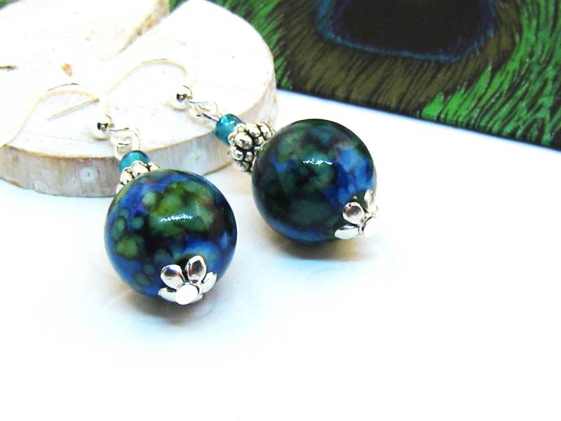 Ohrringe Wassernixe Türkis Blau Grün Aqua Silber Marmoriert Marmor Kugelperlen Türkistöne Wasserfarben von SchmuckesZierwerk