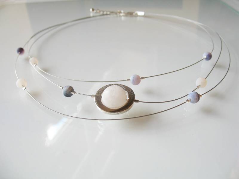 Dreisträngiges Collier Mit Rosenquarz Und Achat, Sterlingsilber von Schmuckgewerk