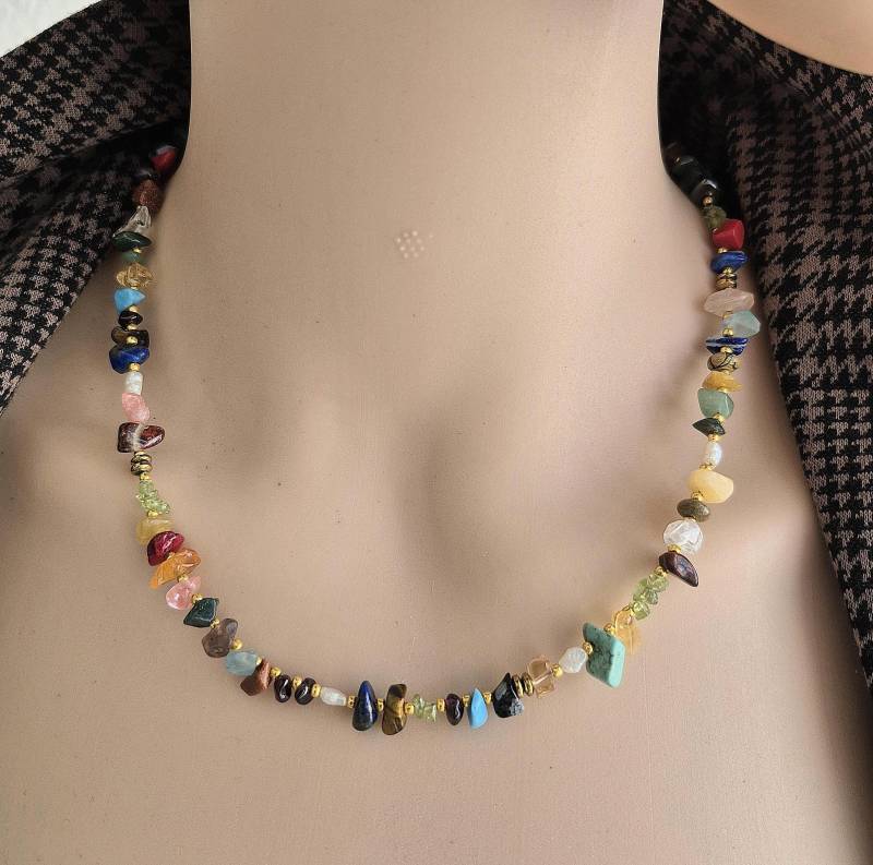 Bunte Edelsteinkette, Steinkette Multicolor, Edelsteinkette Für Männer Und Frauen, Boho Splitterkette Bunte Edelsteinkette, Steinkette Multicolor, Edelsteinkette Für Männer Und Frauen, Boho Splitterkette von SchmuckkatzeDE