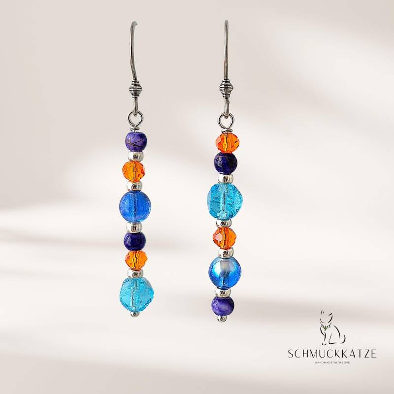 Glasperlen Ohrringe Hängend, Silberne Hängeohrringe, Bunte Damenohrringe, Orange, Blau, Edelstahlohrringe Glasperlen Ohrringe Hängend, Silberne Hängeohrringe, Bunte Damenohrringe, Orange, Blau, Edelstahlohrringe von SchmuckkatzeDE