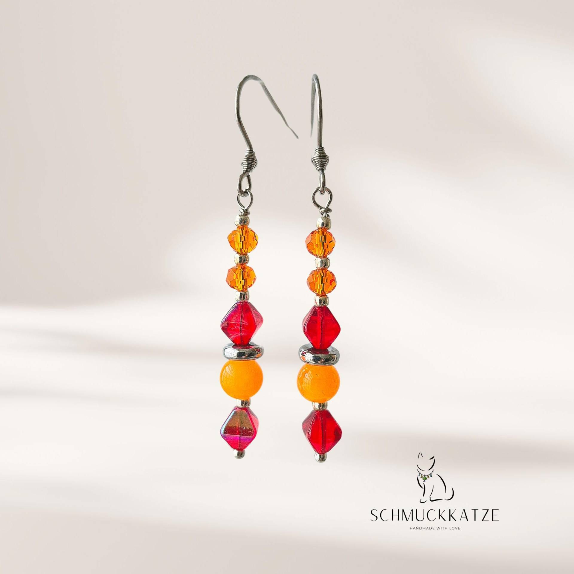 Glasperlen Ohrringe Hängend, Silberne Hängeohrringe, Bunte Damenohrringe, Orange, Rot, Edelstahlohrringe Glasperlen Ohrringe Hängend, Silberne Hängeohrringe, Bunte Damenohrringe, Orange, Rot, Edelstahlohrringe von SchmuckkatzeDE