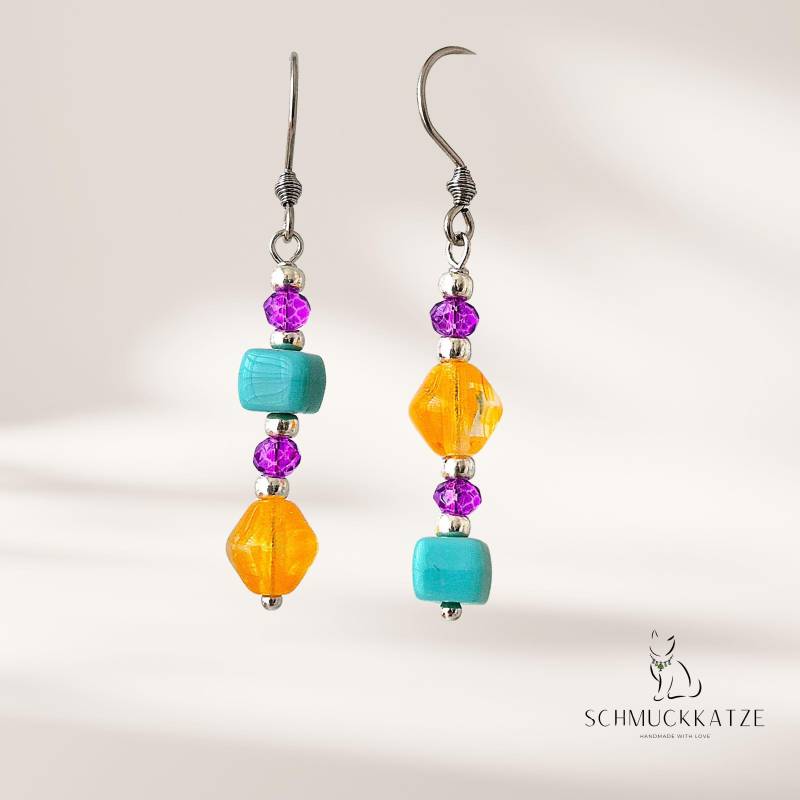 Glasperlen Ohrringe Hängend, Silberne Hängeohrringe, Bunte Damenohrringe, Orange, Türkis, Lila, Edelstahlohrringe Glasperlen Ohrringe Hängend, Silberne Hängeohrringe, Bunte Damenohrringe, Orange, Türkis, Lila, Edelstahlohrringe von SchmuckkatzeDE