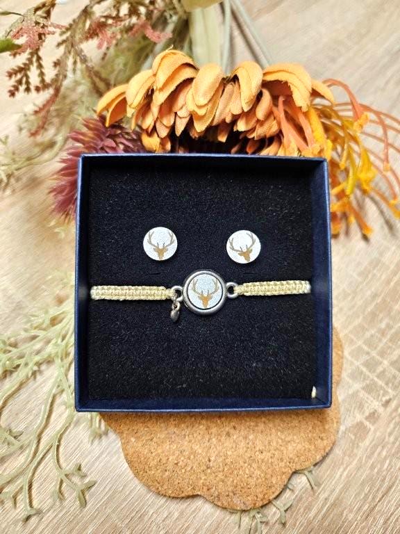 Schmuckset | Makramee Armband Ohrstecker Trachtig Holz Hirsch Handmade von Schmuckkistal
