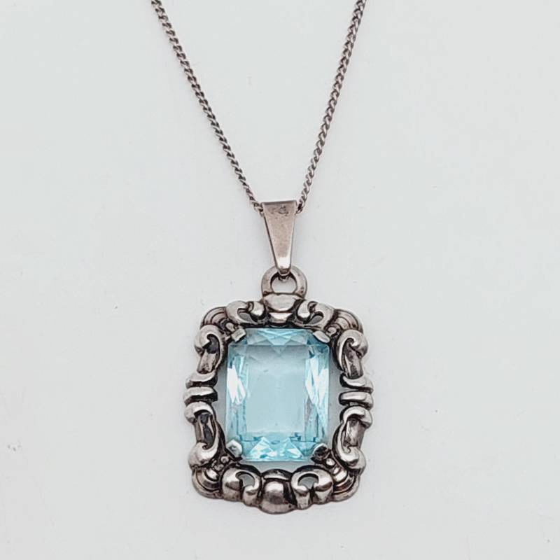 3, 6 cm Großer Schöner Antiker Silber Anhänger Mit Kette Jugendstil Hellblau Geschliffener Aquamarin Farbend Kettenanhänger Geschenk Für Sie von SchmuckparadiesShop