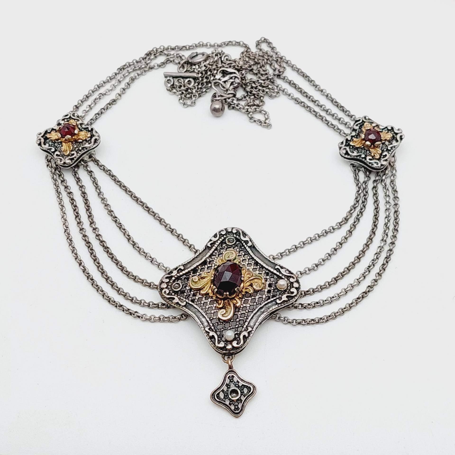 38+3, 5 cm Vintage Silber Collier Kropfkette Trachtenkette Trachtenschmuck Mit Granat & Perle Erbskette von SchmuckparadiesShop