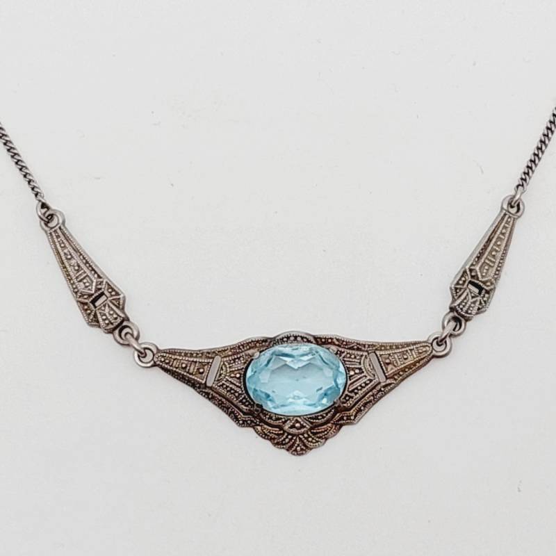 43 cm Antikes 835Er Silber Collier Jugendstil Mit Blauem Stein Aquamarin Farbend Steinen Viktorianisch von SchmuckparadiesShop