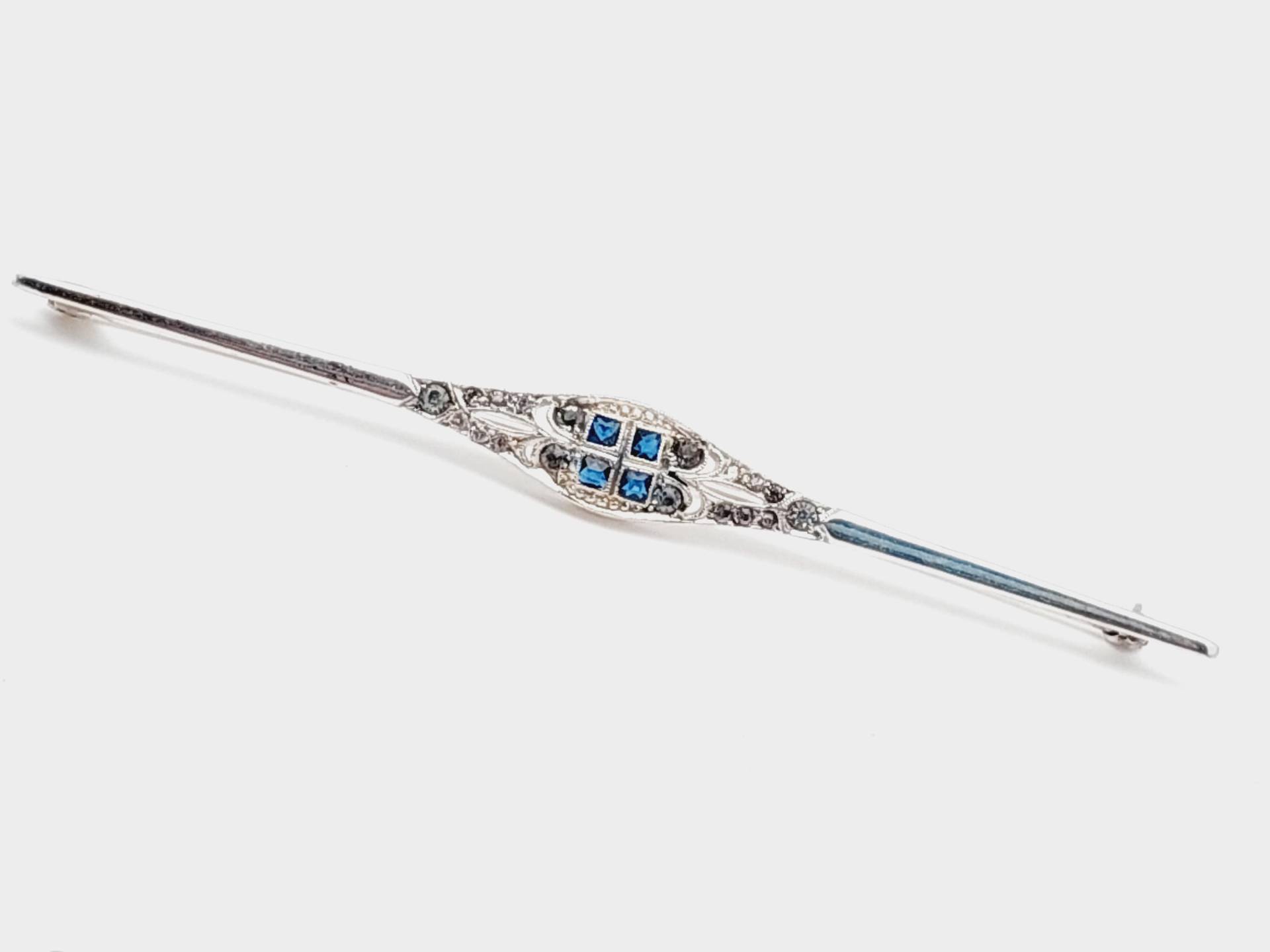 8, 4cm Art Deco Antike 935Er Silber Stabbrosche Dunkel Blaue Steine Brosche von SchmuckparadiesShop