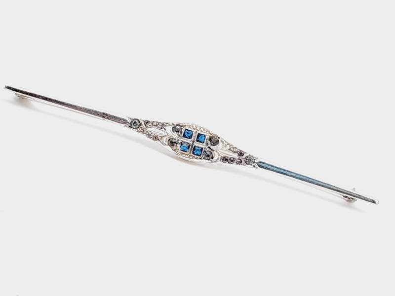 8, 4cm Art Deco Antike 935Er Silber Stabbrosche Dunkel Blaue Steine Brosche von SchmuckparadiesShop