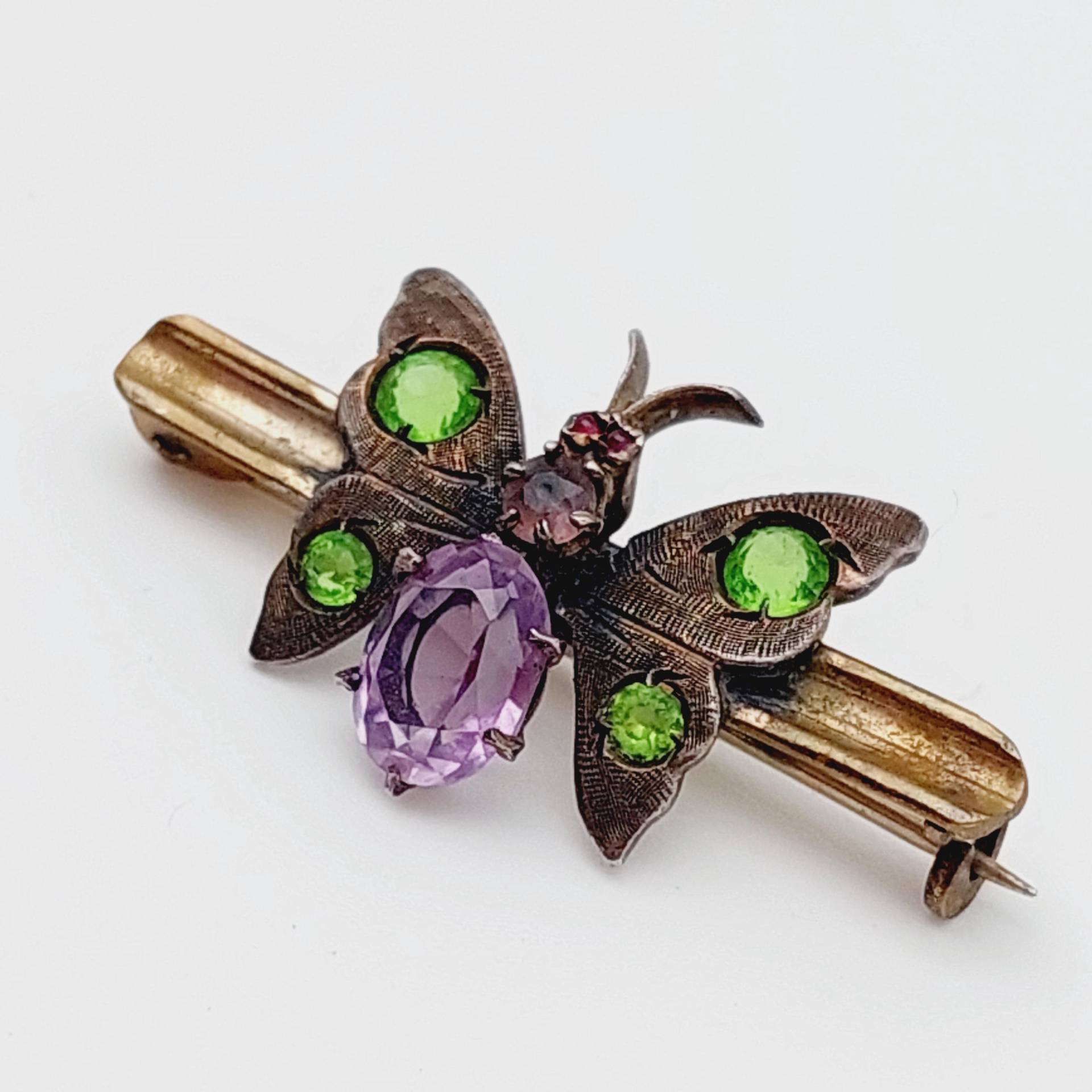 Antike 800Er Silber Brosche Jugendstil 1910 Schmetterling Anstecknadel Grüne Lila Steine von SchmuckparadiesShop