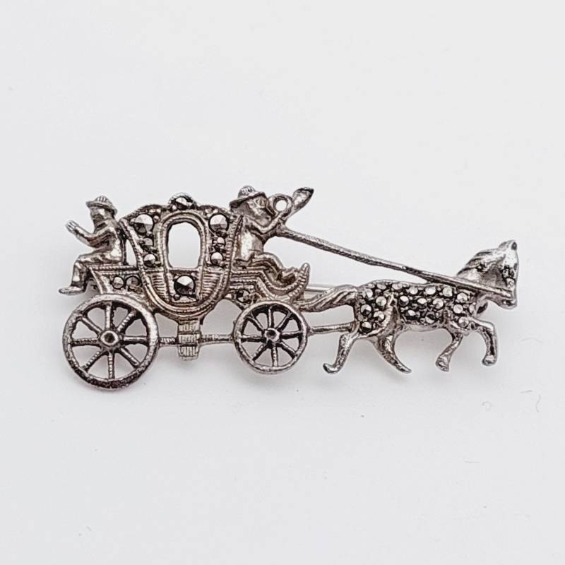 Antike 835 Silber Kutsche Brosche Pferde Western von SchmuckparadiesShop