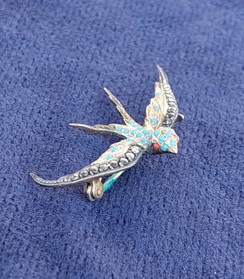 Antike 835 Silber Schwalbe Brosche Mit Markasiten Vergoldet von SchmuckparadiesShop