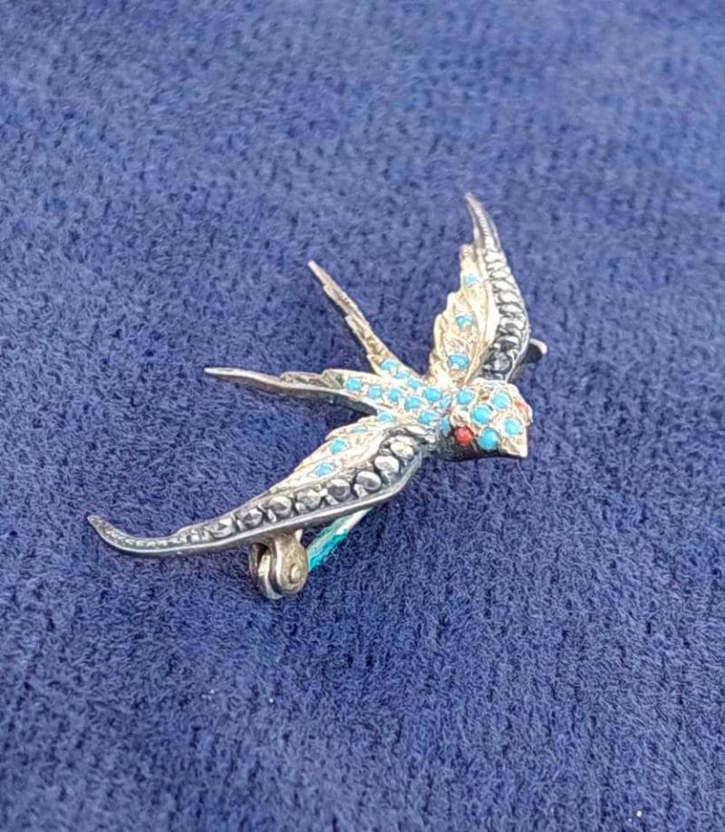 Antike 835 Silber Schwalbe Brosche Mit Markasiten Vergoldet von SchmuckparadiesShop