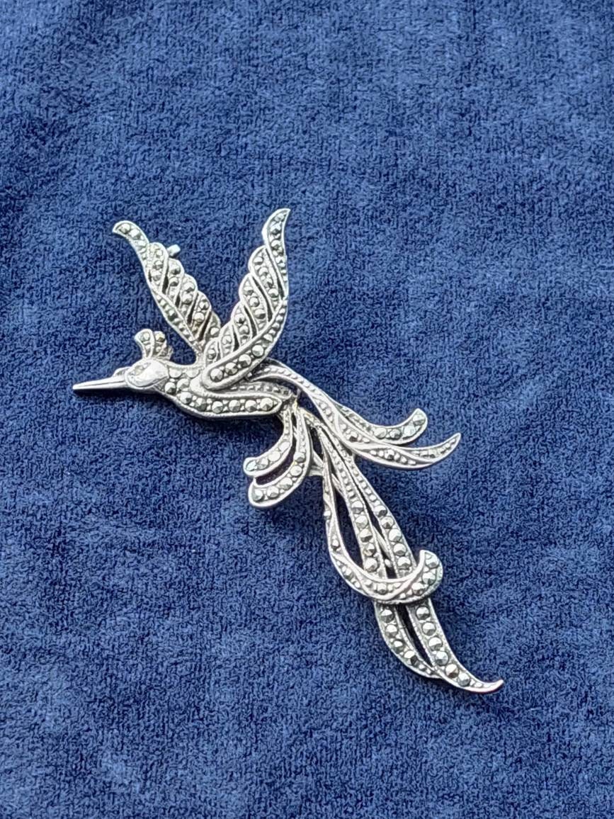 Antike 835 Silber Vogel Paradiesvogel Brosche Mit Markasiten von SchmuckparadiesShop