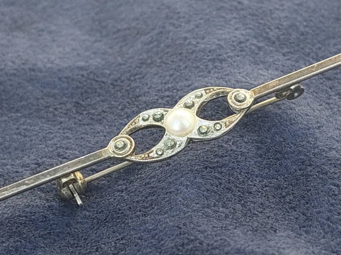 Antike 835Er Silber Brosche Mit Perle & Markasiten Stabbrosche von SchmuckparadiesShop