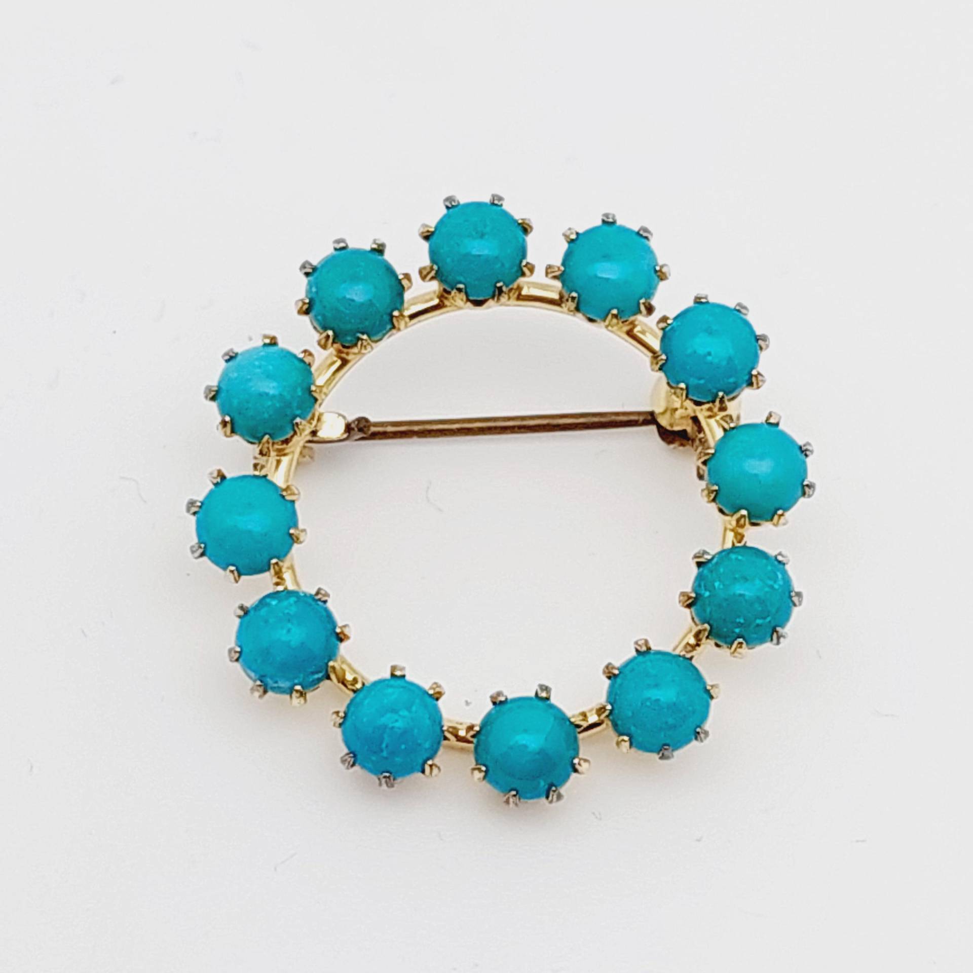 Antike 835Er Silber Brosche Mit Türkis Steinen Kreis Vergoldet von SchmuckparadiesShop