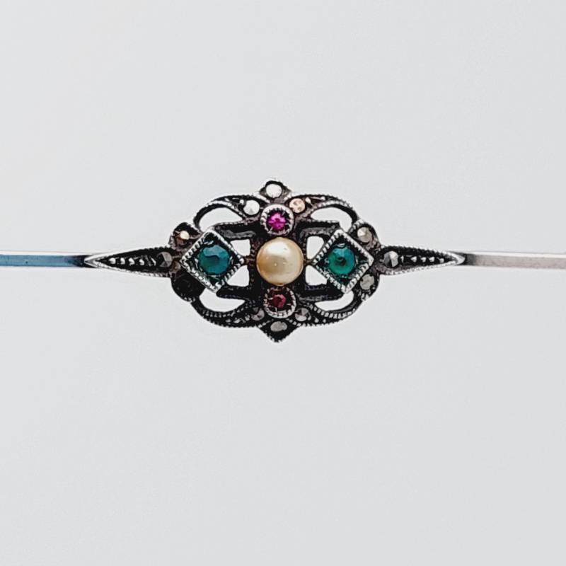 Antike 835Er Silber Brosche Stabbrosche Historismus Mit Grünem Stein Granat & Perle von SchmuckparadiesShop