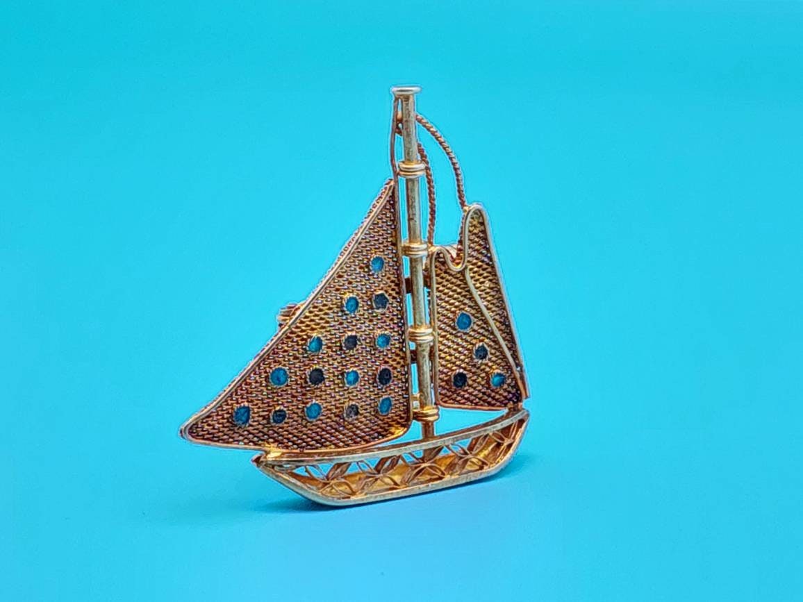 Antike 925 Silber Brosche Segelboot Vergoldet Schiff von SchmuckparadiesShop