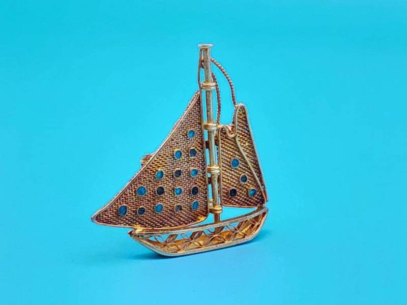 Antike 925 Silber Brosche Segelboot Vergoldet Schiff von SchmuckparadiesShop