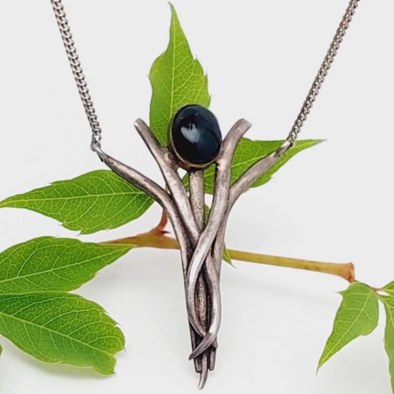 Antike 925 Silber Kette Mit Anhänger Collier Onyx Stein Jugendstil Stil von SchmuckparadiesShop