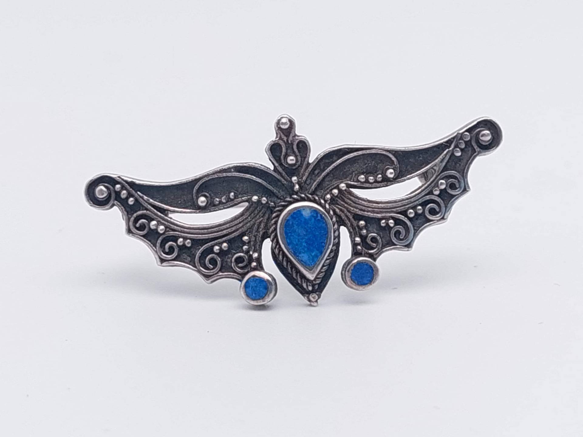 Antike 925Er Silber Brosche Jugendstil Filigranschmuck Florale Blumen Lapislazuli von SchmuckparadiesShop