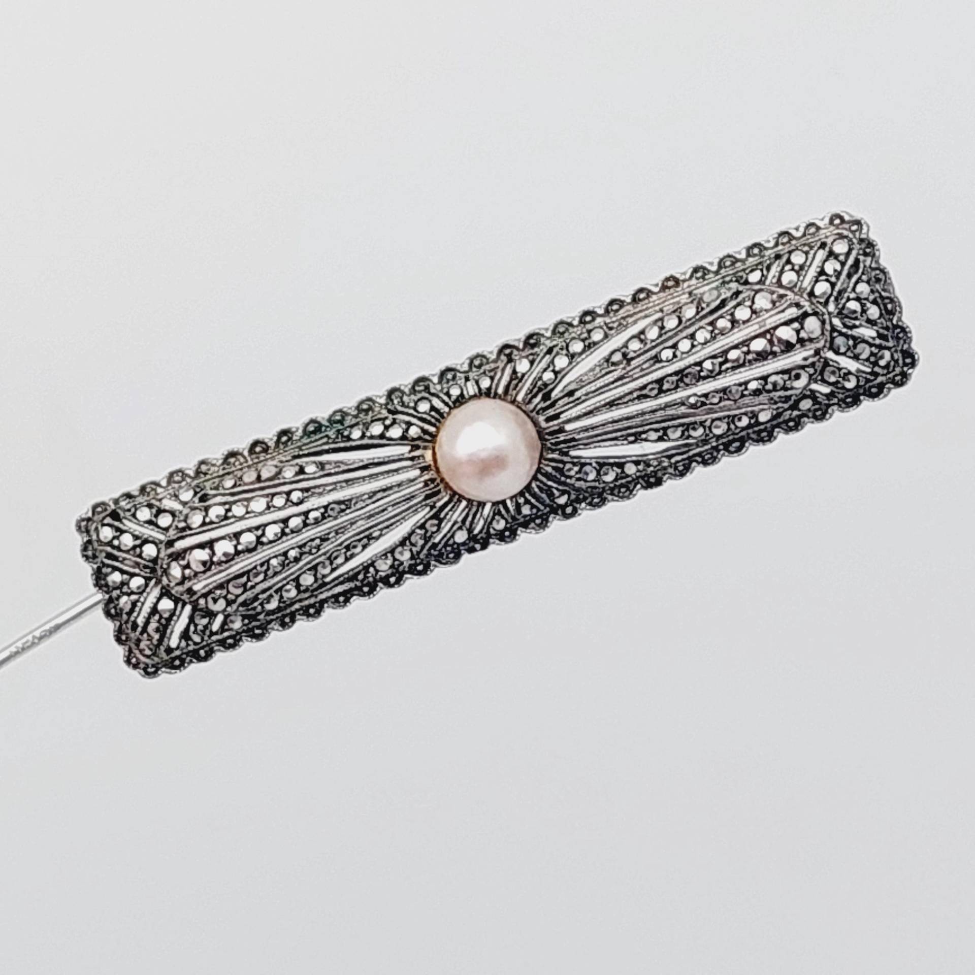 Antike Art Deco 835 Silber Markasit Brosche Mit Perle von SchmuckparadiesShop