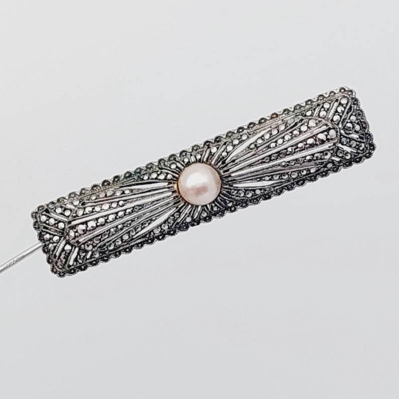Antike Art Deco 835 Silber Markasit Brosche Mit Perle von SchmuckparadiesShop
