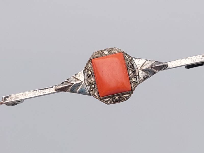 Antike Artdeco Silber Brosche Mit Koralle Stabbrosche Aus von SchmuckparadiesShop